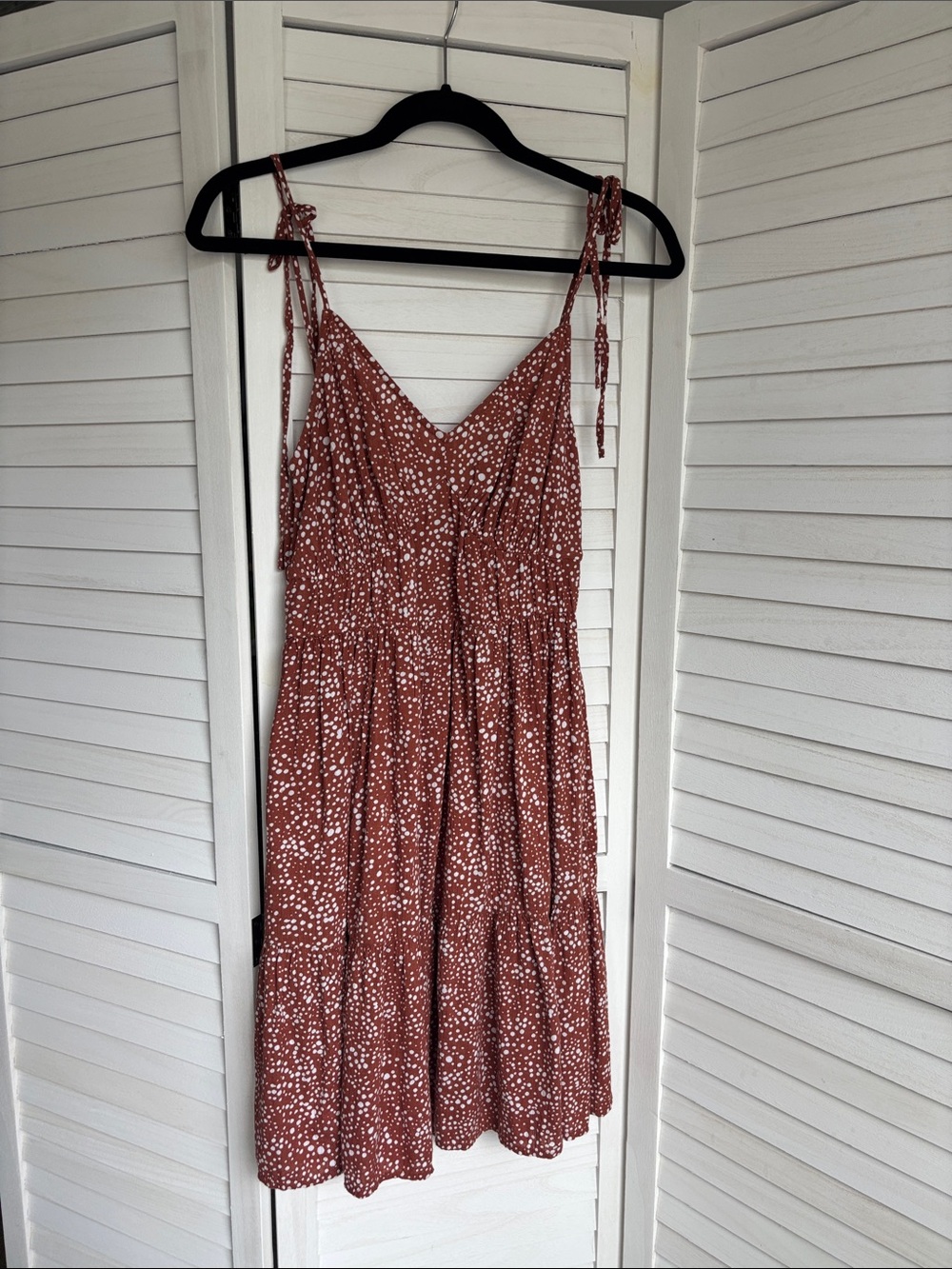 LOFT Rust Spotted Tie-Shoulder Midi Dress